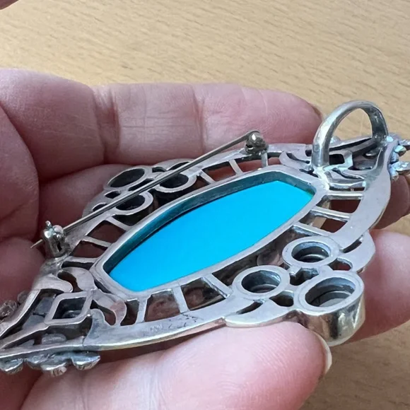 HUGE VINTAGE TURQUOISE AMETHYST GARNET MOONSTONE PENDANT PIN BROOCH 925STERLING